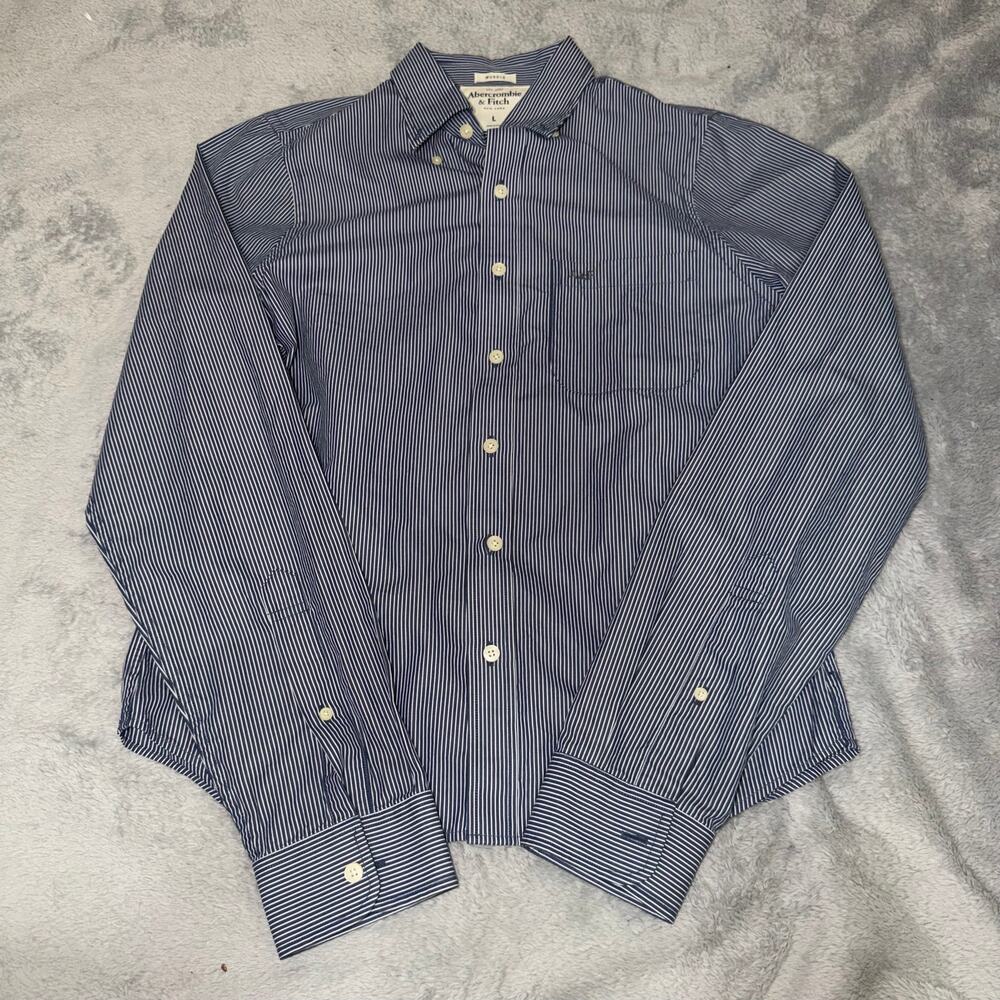 Abercrombie & Fitch Muscle Fit Dress Shirt Mens L Navy White Striped